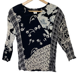 Vintage Carole Little Petites Patchwork Top Black Ivory Grey 3/4 Sleeve, size 4P